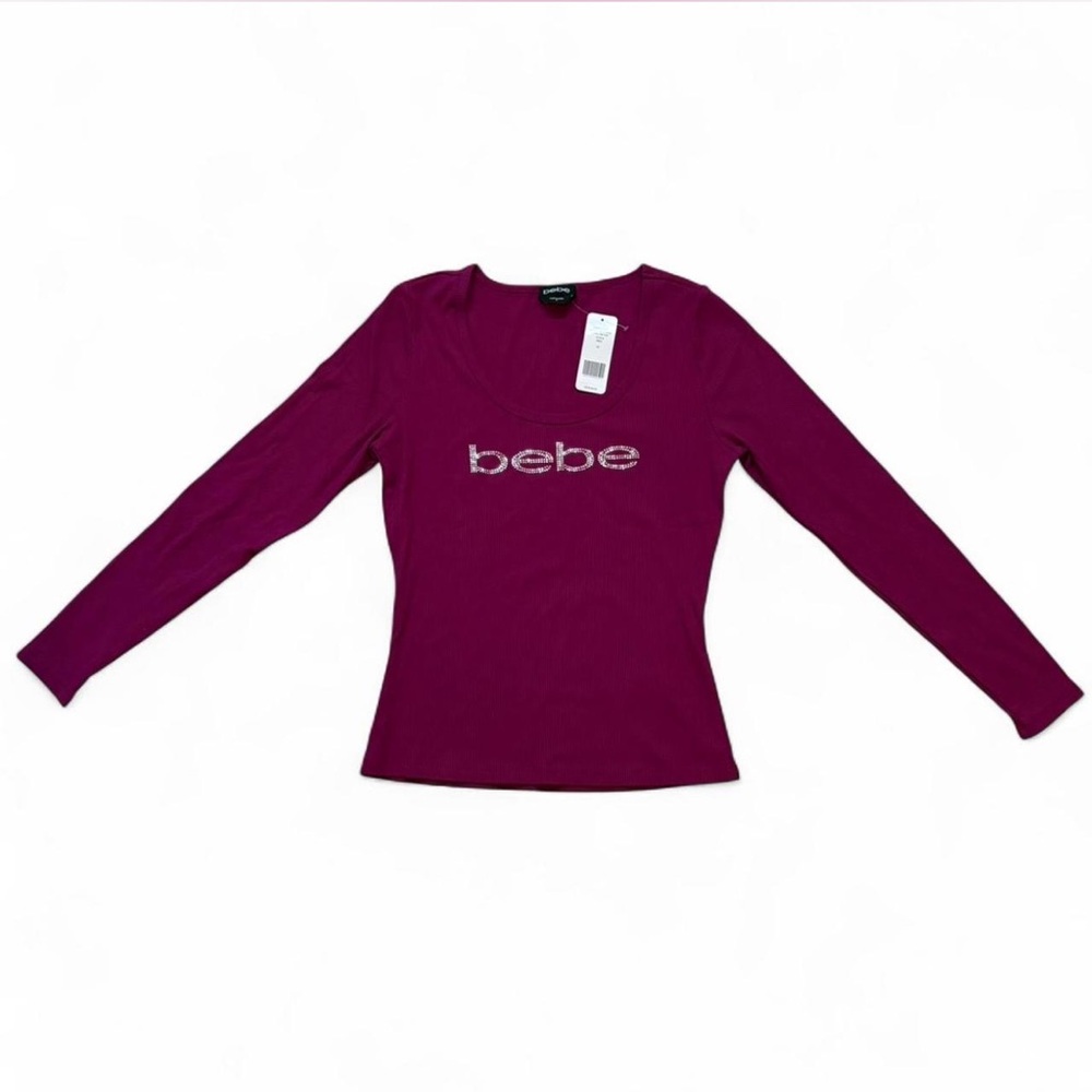 Y2K Burgundy Bebe Long Sleeve Top With Rhinestone Logo